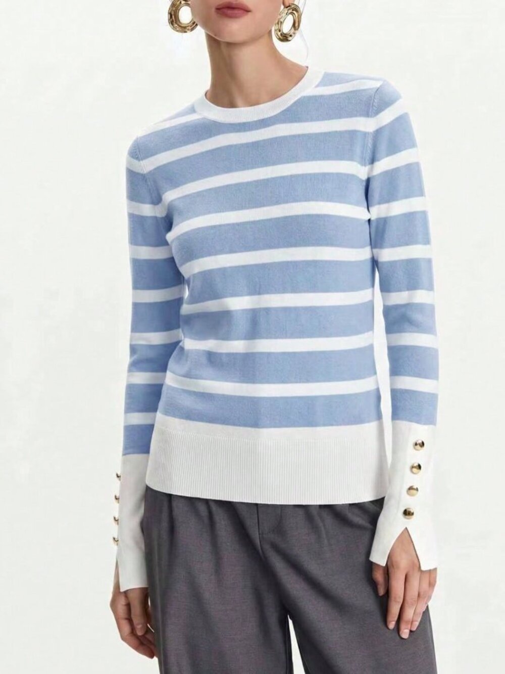 Blue And White Casual Women's Slim Fit Round Neck Striped Drop Shoulder Pullover